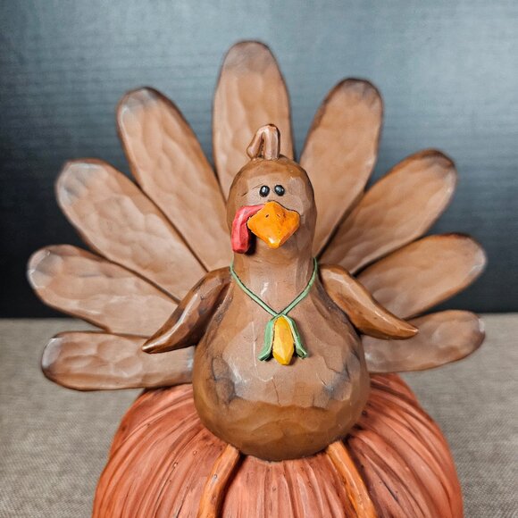 Blossom Bucket Folk Art Brown Turkey Sitting On A Pumpkin Happy Thanksgiving - Picture 8 of 10